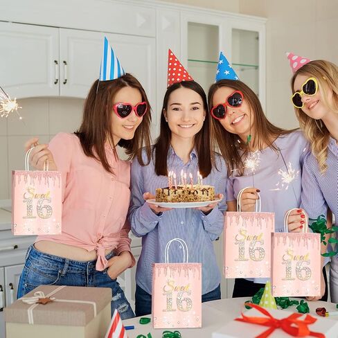 Teling 18 Pcs Sweet 16 Party Favors Sweet 16th Birthday Gift Bags Goodie Candy Treat Bags with Handle Decorations for 16th Birthday Party Supplies(Rose Gold) in Saudi Arabia