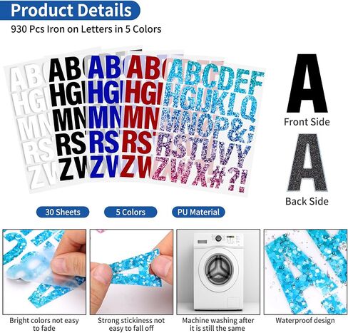 30 Sheets 930 Pieces Iron on Letters for Clothes 1.6 Inch Heat Transfer Letters with A-Z Iron on Vinyl Letters in 5 Colors PU Alphabet Adhesive Stickers for DIY Printing Craft Fabric T-Shirt Jersey in Kuwait