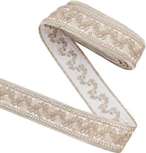 FINGERINSPIRE 5 Yards Vintage Jacquard Ribbon Trim 40mm White Gold Floral Leaves Pattern Embroidered Woven Trim Ethnic Style Polyester Ribbons Retro Fabric Trim for Sewing Crafting Clothing Decor in Saudi Arabia