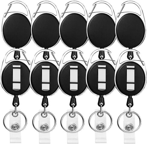 Retractable Badge Holder with Carabiner Reel Clip and Key Ring for ID Card Key Keychain Holders Black 10 Pieces by Moever in Saudi Arabia