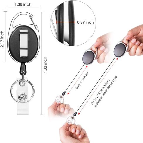 Retractable Badge Holder with Carabiner Reel Clip and Key Ring for ID Card Key Keychain Holders Black 10 Pieces by Moever in Saudi Arabia