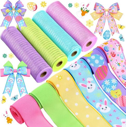 10 Pcs Halloween Ribbon 4 Rolls Mesh Ribbon and 6 Rolls Ghost Pumpkin Burlap Wired Edge Wreath Metallic Wreath Wrapping Crafts for Halloween Home Party Decorative DIY Craft in Kuwait