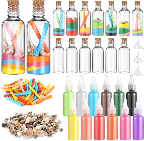 Libima 45 PCS DIY Sand Art and Craft Kit تشمل زجاجات فنية من البلاستيك مع Cork Stopper Colorful Sands Papers Seashells Punnels DIY Art Crafts حفل زفاف in Saudi Arabia