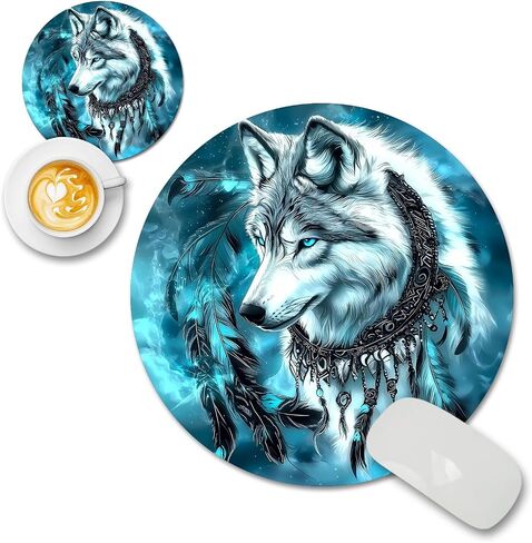 Dreamcather Wolf Design Failbative Fault Round Mouse Pad Posthetic for Desk Accessory ، Decore Mousepad Fun Decor in Kuwait