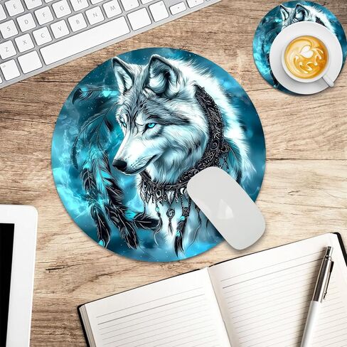 Dreamcather Wolf Design Failbative Fault Round Mouse Pad Posthetic for Desk Accessory ، Decore Mousepad Fun Decor in Kuwait