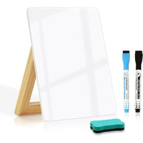 Desktop Glass Dry Erase Board, Small Glass Whiteboard with Adjustable Wood Stand - Reusable Desk Notepad 9.5" x 6.7" for Home Office