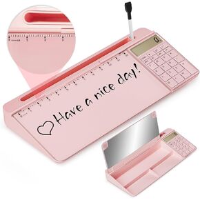Desktop Glass Whiteboard with Mirror & Calculator(12 Digit LCD Display) & Ruler Marker,Tilted Computer Keyboard Stand with Dry Erase Board Surface, Desk Organizers with Accessories,Black