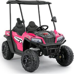 ELEMARA 24V Ride on Toy for Big Kid,Ride on Car 2 Seater w/Sun Shade,Dump Bed & Shovel,4.5MPH,4WD Electric Car for Kids,Battery Car w/Remote,Kids Ride on Truck,3 Speeds,LED Lights,Bluetooth, Pink