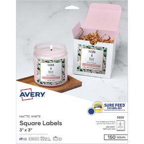 Avery Printable Square Labels with Sure Feed, 3" x 3", Matte White, Permanent Adhesive, Laser & Inkjet Printers, 150 Blank Labels, Great for Product Labels, Price Stickers, and More (5659)