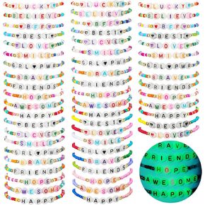 96 Pcs Beaded Friendship Bracelets Bulk Colorful Glow in the Dark Inspired Letter Bracelets Y2k Stretchy Preppy Adjustable Jewelry for Music Lovers Fans Women Party Favor Gifts
