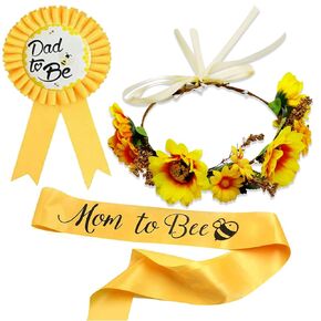 3Pcs Baby Shower Decorations Mom Yellow Sash and Dad Yellow Timplate Badge with Flower Crown Cute Baby Welcome Party Gifts