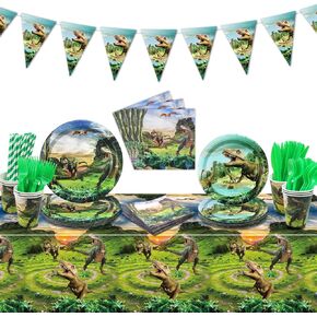 Dinosaurs Party Decorations - Including Dinosaurs Paper Plates Napkins, Cups, Dino Tablecloth, Banner for Kids Baby Shower Dinosaur Birthday Supplies, Serves 20