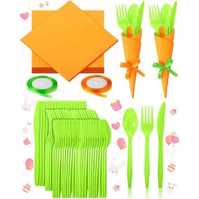 50 Sets Easter Plastic Cutlery Set Rabbit Theme Carrot Shaped Tableware Include Lime Green Disposable Spoons Forks Knives Orange Paper Napkins Satin Ribbons for Easter Party Bunny Birthday Decor