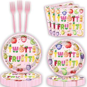 80 Pcs Twotti Frutti Birthday Decorations Summer Fruit Two Years Old Disposable Paper Dinner Plates Napkins Forks Dinnerware for Luau Fruit Theme 2nd Birthday Party Decorations Supplies
