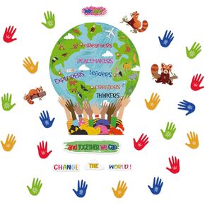 5pcs Earth Bulletin Board Decorations, One World Together We are and Together We Can Change The World Earth Cutouts with Hands Sloths Pattern for Classroom Wall Decor Favor Supplies