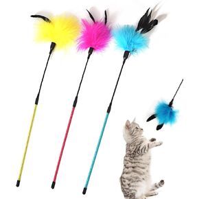 IUHKBH Cat Feather Wands, 3 Colors Interactive Cat Toys Cat Teaser Wands with Soft Turkey Feather and Bell for Cats and Kitties