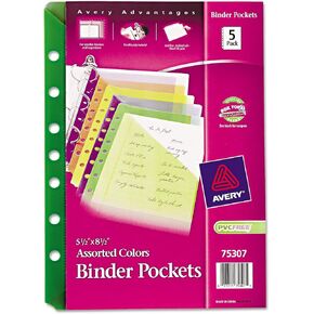 Avery 75307 Small Binder Pockets, Standard, 7-Hole Punched, Assorted, 5 1/2 x 9 1/4, 5/Pack