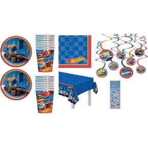 Hot Wheels Birthday Party Supplies Bundle includes 16 Paper Plates 9", 16 Paper Napkins, 1 Plastic Table Cover, 16 Paper Cups, 12 Piece Hanging Swirl Decorations with Cutouts