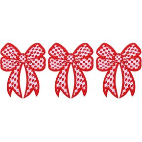 PATIKIL Iron on Patches, 3 Pack Checkered Bow Knot Patches Fabric Embroidered Patches Decorative Applique for Jeans Hats Backpacks Shirts Clothes DIY Sewing, Red
