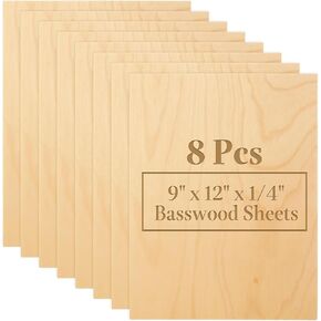 8PCS 12 x 9 Inch Basswood Sheets for Crafts, 1/4 Inch(6mm) Thick Plywood Sheets, Unfinished Unfinished Wood Pieces for Laser Cutting, CNC Cutting and Wood Burning