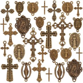 PH PandaHall 90pcs Tibetan Cross Pendants, 15 Styles Crucifix Cross Charms Antique Bronze Cross Connector Charm Oval Pendants Beads for Easter Necklace Bracelet Choker Thanksgiving Jewelry Gift