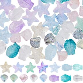 SUNNYCLUE 1 Box 150Pcs Starfish Beads Fish Glass Beads Sea Shell Beads Bulk Blue Pink Green Summer Ocean Animal Charms Beads Double Sided Loose Spacer Beads for Jewelry Making Kits DIY Craft Supplies