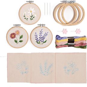 CRAFT CLUB Floral Minis Embroidery Kit Set of 3 Mini Designs DIY Arts and Crafts Cross Stitch Punch Needle Set with Bamboo Hoop and Full Thread Packs