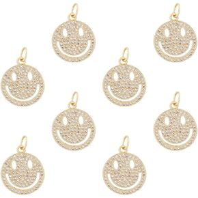 DICOSMETIC 8Pcs Rhinestone Smile Face Charms Real 18K Flat Round with Smile Face Pendants CZ Hollow Happy Smiling Pendants with Jump Ring for Jewelry Making, Hole: 5mm