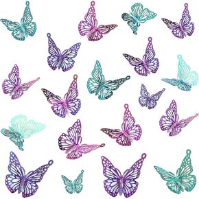 Coume 100 Pcs Butterfly Filigree Charms Stainless Steel Rainbow Etched Metal Embellishments Multicolor Pendants for Jewelry Making Necklace Earring DIY Crafts, Hole 1.2 mm