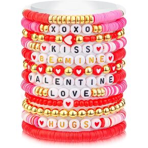 12 PCS سوار عيد الحب للنساء سوار حبة الطين Heishi Surfer Surfer مجموعة Love Heart Xoxo Love Heart Charm سوار تمتد للملحقات يوم Valentines مجوهرات المجوهرات