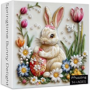 Easter Bunny Puzzle for Adults 1000 Pieces, Cute Rabbit with Spring Flowers, Butterfly and Decorative Egg Jewel Art Jigsaw Puzzle, Challenging Spring Garden Jigsaw Puzzle for Easter Lovers