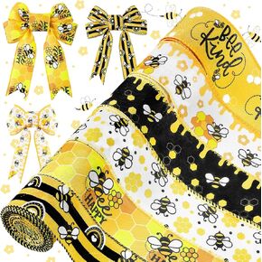 6 Rolls 30 Yards Bee Ribbon Honey Bee Wired Ribbon 2 Inch Yellow Spring Summer Ribbon Bee Kind Bee Happy Ribbon Bee Gifts for Craft Wrapping Bow Wreath Ornaments Home Party Decoration