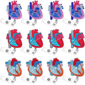 Tondiamo 6 Pcs Heart Badge Reel with ID Name Card Tag Retractable Cardiac Phlebotomy Badge Reel Holder Acrylic Nurse Clip for Student Doctor Hospital Medical Assistant Work Accessories