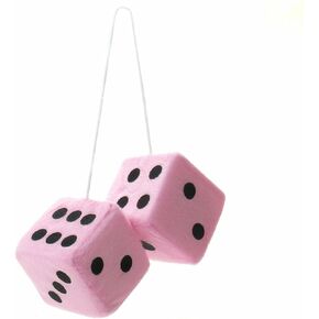 Pink Fuzzy Hanging Dice - Hanging Plush Car Dice for Bunco Party Supplies or Casino Events - Fluffy 3" Square Pink Dice on a Rope