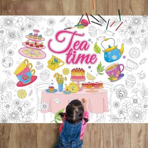 Tea Party Coloring Poster & Tablecloth - Giant, Large Flower Tea Time Design - Jumbo Coloring Books for Kids, Classroom, Home & Birthday Party Supplies