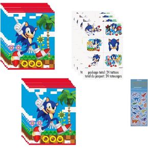 Unique Sonic Birthday Party Supplies Bundle includes 16 Plastic Loot Bags, 24 Tattoos, 1 Dinosaur Sticker Sheet