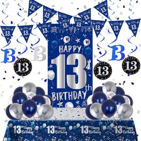 12th Birthday Decorations for Boys Girls, Blue Silver Happy 12th Birthday Party Decorations Supplies - 12th Birthday Backdrop Banner Tablecloth Triangle Flag Balloons for 12 Year Old Party