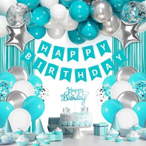Teal Birthday Decorations for Women with White Silver Teal Balloons Happy Birthday Banner Teal Fringe Curtains for 21st 25th 27th 30th 35th 40th 50th 60th Happy Birthday Decorations