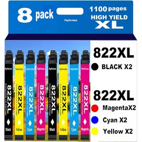 PayForLess 822XL Remanufactured for 822 Ink Cartridges for 822XL T822 for Workforce Pro WF-3820 WF-3823 WF-4820 WF-4830 WF-4833 WF-4834 Printer 8 Pack 2 Black 2 Cyan 2 Magenta 2 Yellow
