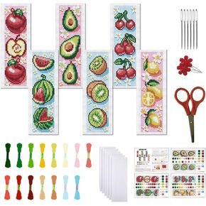 FREEBLOSS 6 Set Cross Stitch Bookmark Stamped Cross Stitch Kit with Colorful Fruit Patterns Embroidery Kit with Instruction DIY Bookmark Kit for Gift Adults 8.66''x3.14''