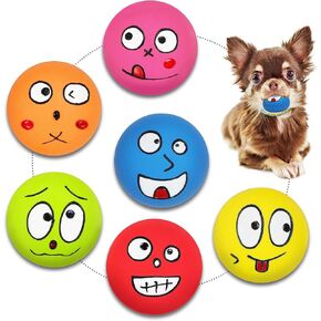 Squeaky Dog Toys, 2" Cute Expressions Balls Natural Rubber for Small and Medium Dogs (6 Pcs)