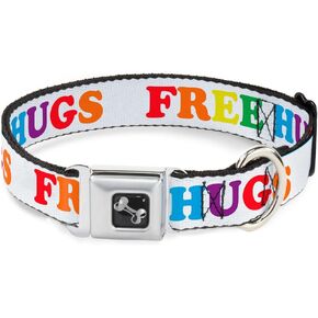 Buckle-Down Seatbelt Buckle Dog Collar - Free HUGS White/Multi Color - 1" Wide - Fits 15-26" Neck - Large, DC-W30626-L
