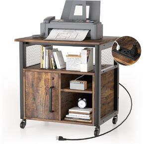 Lateral File Cabinet, Locking Office Filing Cabinets with Socket and USB Charging Port, Modern Rolling Printer Stand with Storage for Printer Scanner Fax Home Office Use with Wheels,Brown