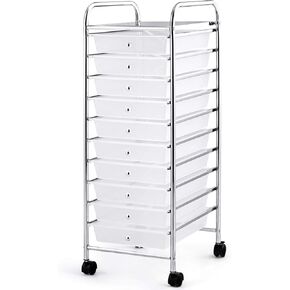Julimoon 10 Drawer Storage Cart, Rolling Cart with Lockable Wheels, Trolley Utility Cart with Removable Drawers, Mobile Organizer with Handle for Living Room Kitchen Home Office (Clear)