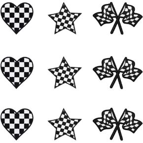9pcs Racing Patches, Checkered Iron on Racing Flag Patches Checkered Heart Sew on Patches Checkered Star Patch Embroidery Patches for Clothes Clothing Dress Hat Jeans