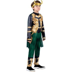 Marvel Loki Official Youth Halloween Costume - Padded Jumpsuit with Detachable Cape and Plastic Headpiece