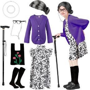 Old Lady Costume for Girls 100 Days of School Costume Granny Old Lady Wig Dress Up Accessory Old Lady Grandma Costume
