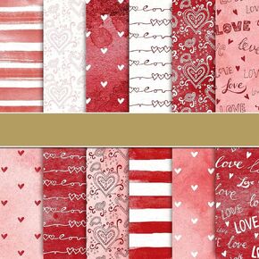 Whaline 24 Sheets Valentine Pattern Paper 11.8 x 11.8inch Watercolor Heart Love Scrapbook Paper Double-Sided Red Pink Craft Paper Folded Flat for DIY Card Making Scrapbook Photo Album Decor, 12 Design