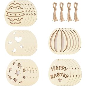 Easter Egg Wooden 40pcs Unfinished Wooden Easter Egg Hanging Ornaments for Easter Party Kids Paint Home Party Decoration Craft Project (Color-A)