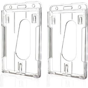 Teskyer Hard Plastic Badge Holder, Clear ID Badge Name Card Holder with Easy Access Thumb Slot, Holding 2 Cards, Vertical Style, 2 Pack